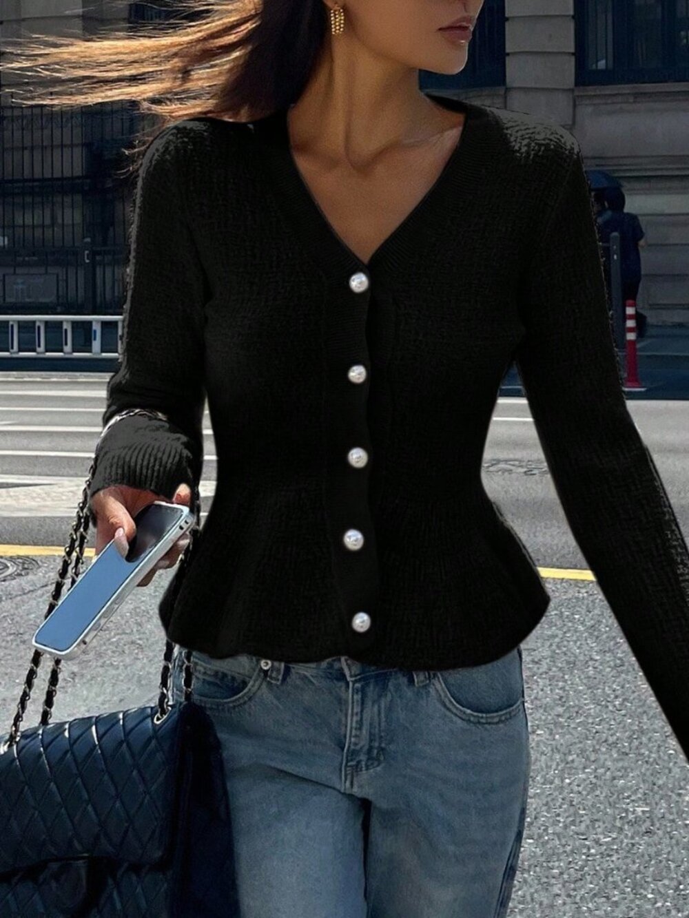 Black Casual Women's Loose Cardigan With Pearl Buttons